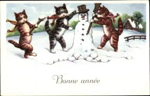 Künstler Ak Bonne année, Schneemann bauende Katzen