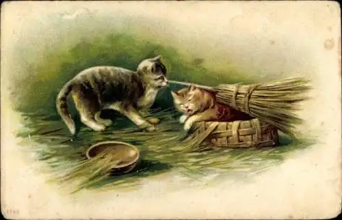 Künstler Ak Katzenjunges klemmt unter einem Besen fest