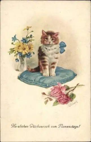 Künstler Ak Glückwunsch Namenstag, Katze auf einem Kissen, Blumen
