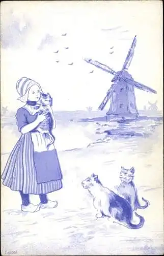 Künstler Ak Mädchen in niederländischer tracht mit Katzen, Windmühle