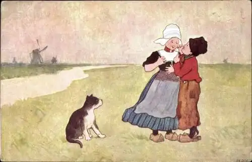 Künstler Ak Kinder in Tracht, Katze, Windmühle, BKWI 840 3