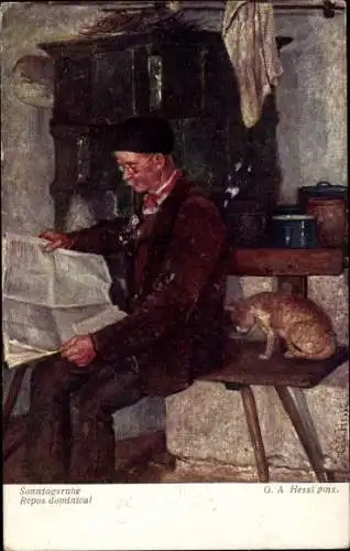 Künstler Ak Hessl, G. A., Soontagsruhe, Mann mit Pfeife liest Zeitung, Katze