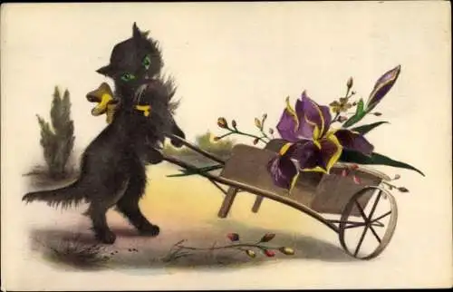 Ak Eine schwarze Katze kommt mit Blumen