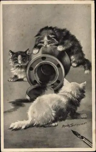Künstler Ak Serivener, M., Drei spielende Katzen mit einem Tintenfass