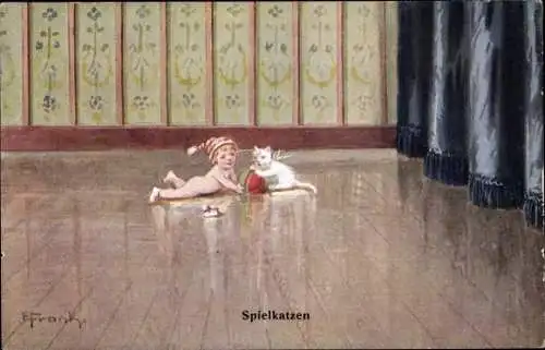 Künstler Ak Frank, Elly, Spielkatzen, Baby spielt mit weißer Katze, WSSB 5957