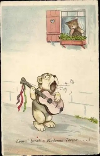 Künstler Ak Komm herab ob Madonna Teresa, Hund mit Gitarre, Katze am Fenster, WSSB 9755 1