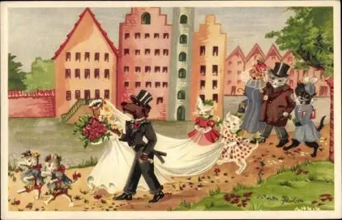 Künstler Ak Vermenschlichte Tiere, Katze und Hund wollen heiraten, Brautpaar
