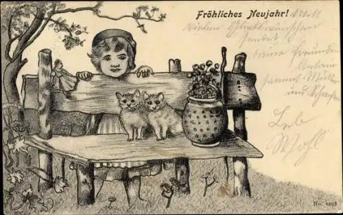 Litho Glückwunsch Neujahr, Mädchen mit Katzenbabys auf einer Sitzbank im Garten. Blumentopf