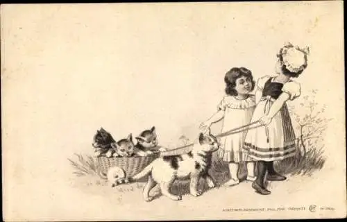 Präge Litho Mädchen ziehen Katzen in einem Korb