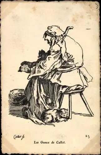 Künstler Ak Les Gueux de Callot, Katzen und eine alte Frau auf einem Hocker sitzend