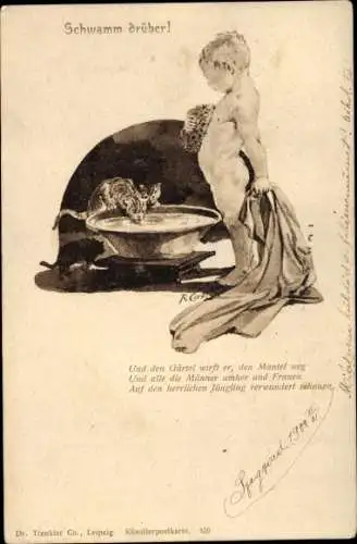 Künstler Litho Carl, R., Schwamm drüber, Badendes Kind, Katzen trinken aus der Badeschüssel