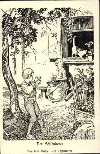 Künstler Ak Der Schleuderer, Junge zielt mit Steinschleuder auf eine Katze am Fensterbrett