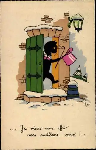 Künstler Ak Kat, Glückwunsch Neujahr, Katze mit pinkem Zylinderhut tritt durch die Haustür