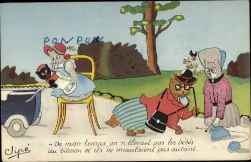 Künstler Ak Katzen als Amme, edle Dame und beim Stricken, Jipé, De mon temps