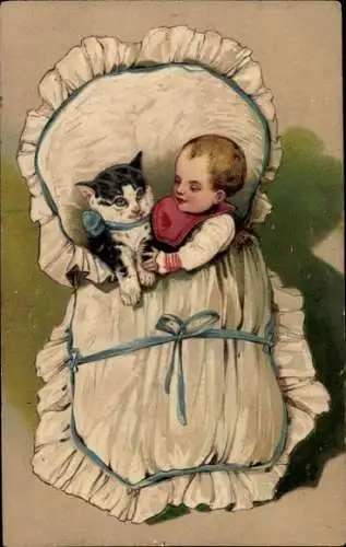 Präge Ak Baby mit einem Kätzchen im Schlafsack, PFB 7912