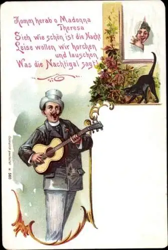 Litho Mann mit Gitarre spielt Ständchen für Frau am Fenster, schwarze Katze