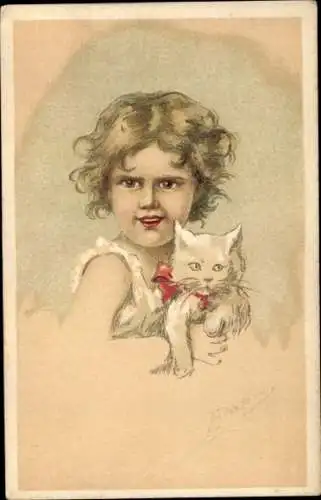 Künstler Ak Mädchen mit weißer Katze