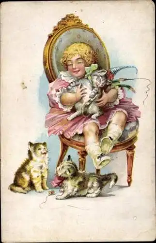 Litho Mädchen mit Katzen spielend