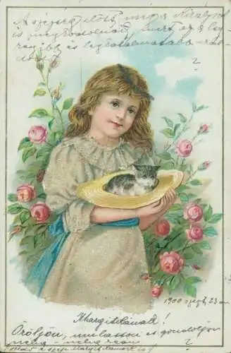 Perl Litho Mädchen mit Katze im Hut, Rosenstrauch