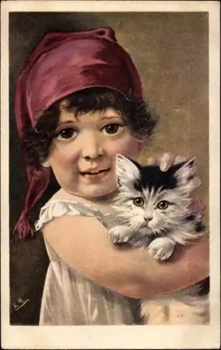 Künstler Ak Kind mit einer weißen Katze, Kinderportrait