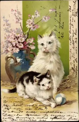 Ak Zwei Katzen mit einem Ball und einer Blumenvase
