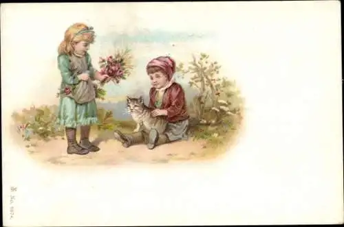 Litho Katze, Kinder als Gärtner, Blumen