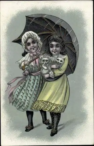 Litho Katzen werden von Mädchen getragen, Regenschirm