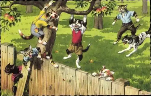Künstler Ak Katzen und Hunde am Gartenzaun