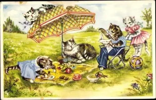 Künstler Ak Katzen beim Picknick