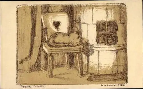 Künstler Ak Leander-Alner, I., Katze schläft auf dem Stuhl, Siesta