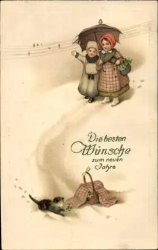 Präge Ak Glückwunsch Neujahr, Zwei Mädchen mit Kleeblätter und eine Katze, Amag 941