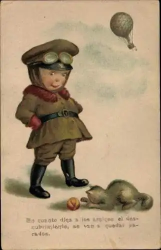 Ak Junge Soldat mit Katze, Ballon