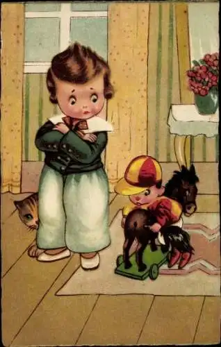 Ak Kinder mit Schaukelpferd und eine versteckte Katze, Amag 1798
