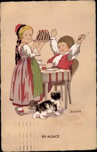 Künstler Ak Renaudin, Ehepaar in Elsässer Tracht beim Essen, hungrige Katze, En Alsace