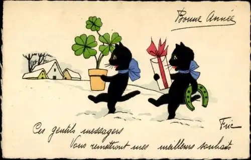 Künstler Ak Glückwunsch Neujahr, Zwei Katzen mit Geschenken und Kleeblättern, Hufeisen