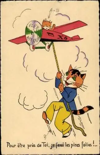 Ak Eine kleien Katze mit Flugzeug unterwegs und sein fürsorglicher Vater