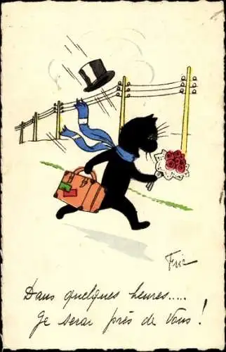 Künstler Ak Katze mit Koffer rennt zum Bahnhof, Reise, Blumen