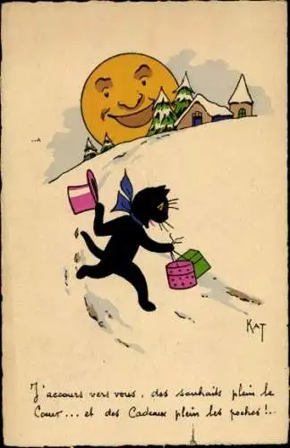 Künstler Ak Kat, Katze mit elegantem Hut und Geschenken