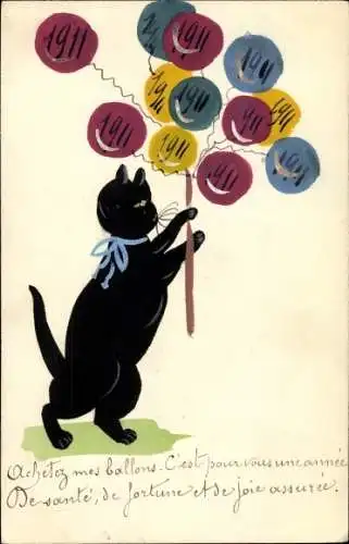 Ak Eine schwarze Katze mit Ballons