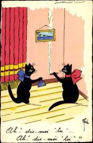 Künstler Ak Rene, Eine Katze raucht Zigarette, Katze mit blauer Handtasche