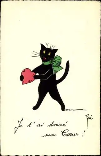 Künstler Ak Rene, Schwarze Katze mit einem Herzen