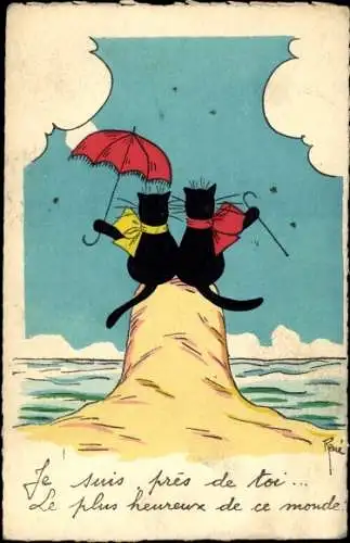 Künstler Ak Rene, Katzen am Wasser mit Sonnenschirm