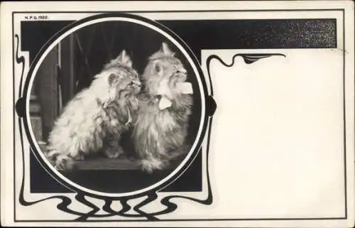 Jugendstil Passepartout Ak Zwei Katzen mit Schleifen