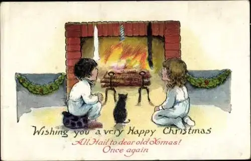 Künstler Ak Katze, Kinder, Kamin, Glückwunsch, Weihnachten
