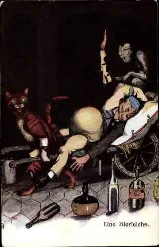 Künstler Ak Katze, Betrunkener, Affe, Schubkarren, Flaschen