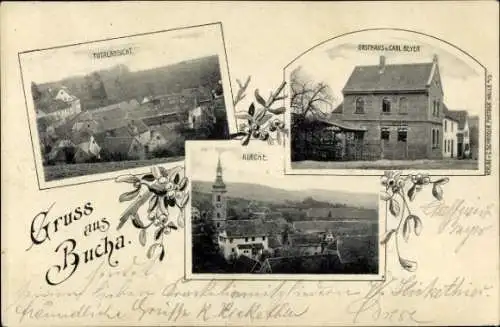 Ak Bucha im Burgenlandkreis, Gesamtansicht, Kirche, Gasthaus Carl Beyer