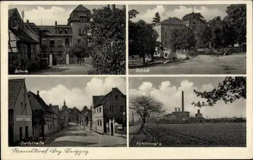 Ak Ramsdorf Regis Breitingen in Sachsen, Schule, Schloss, Dorfstraße, Kohlenwerk