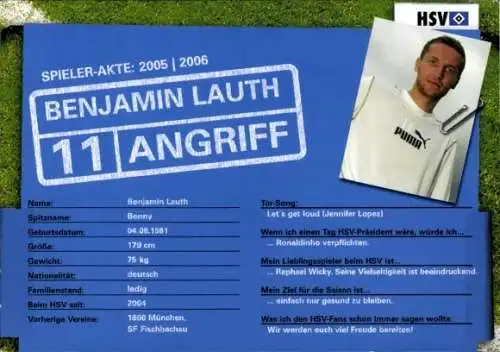 Autogrammkarte Fußball, Benjamin Lauth, Hamburger SV, Autogramm