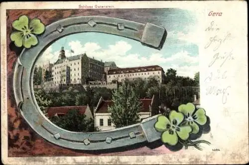 Passepartout Ak Gera in Thüringen, Schloss Osterstein, Hufeisen, Kleeblätter