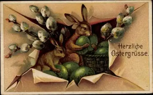 Ak Glückwunsch Ostern, Osterhase, Weidenkätzchen, Ostereier